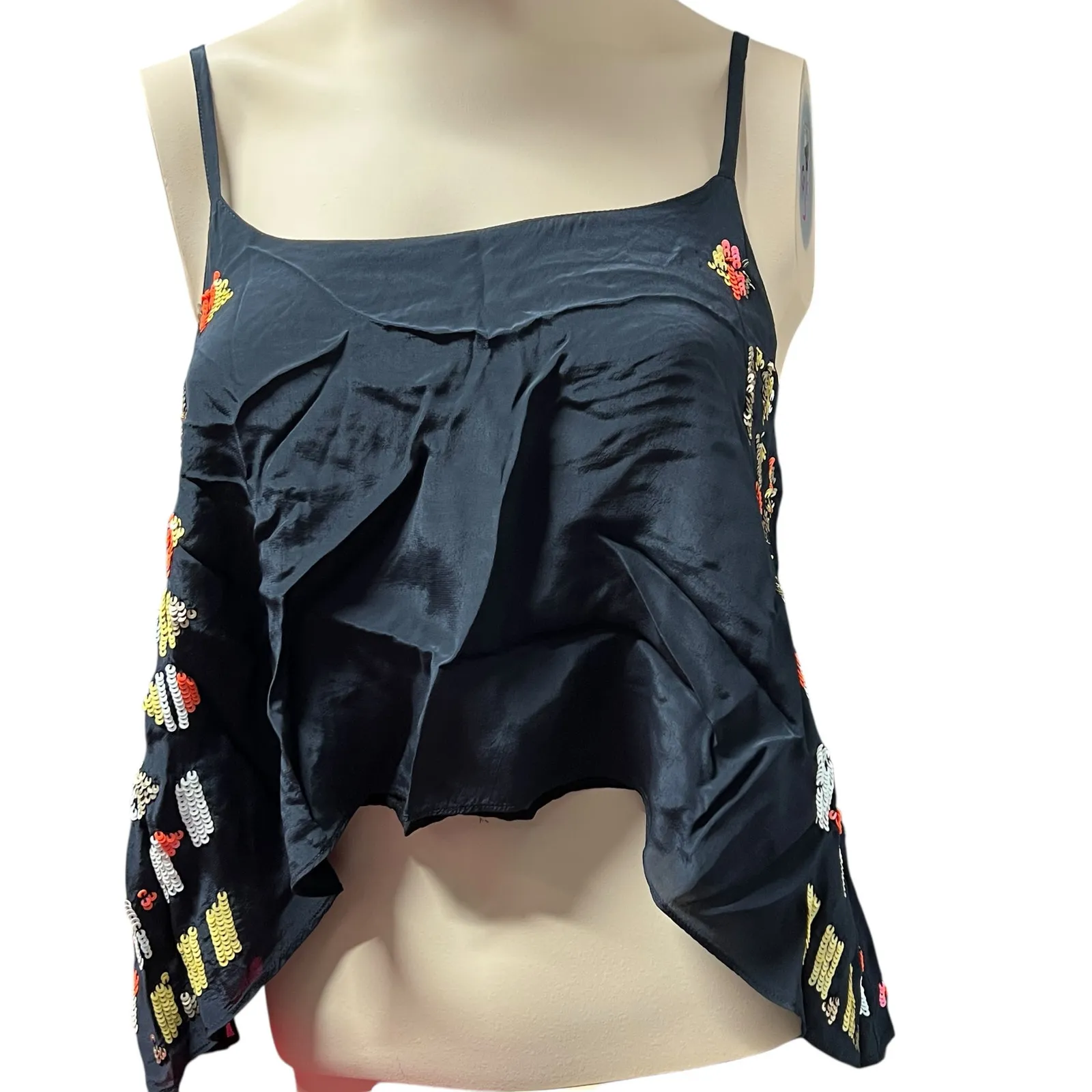 Chelsea Flower Tank Top Black Multicolor Sequins Flowy XS Cruise Wear Boho Y2K - Image 14