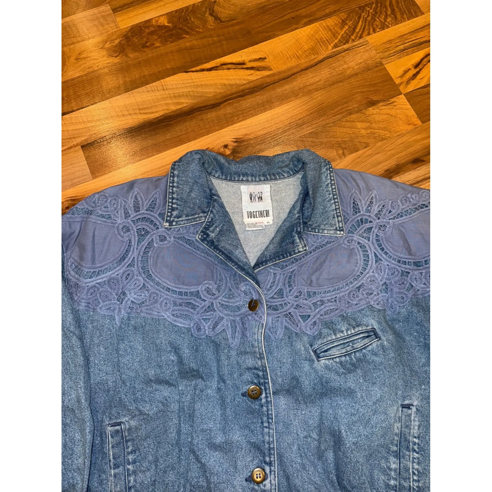 Vintage Together! Denim‎ Jacket XL Blue Lace Applique Western Style granny chic - Image 3