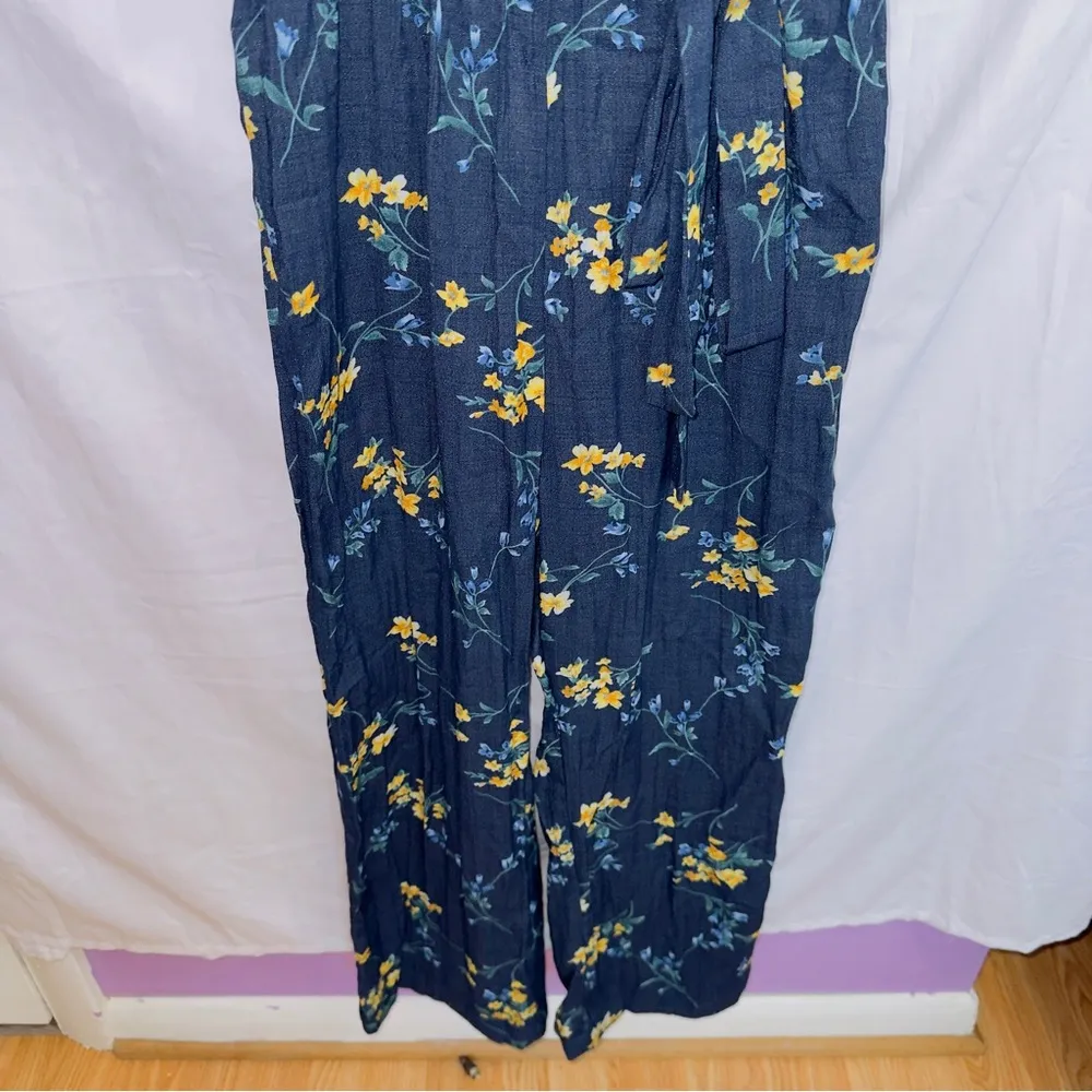 Sugar Lips Blue Floral Print Sleeveless Off The Shoulder Straight Leg Jumpsuit - Image 3