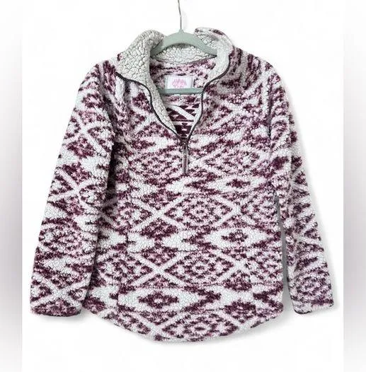 Cozy Sherpa Pullover Women’s Size Small Burgundy & White Aztec Print - Image 1