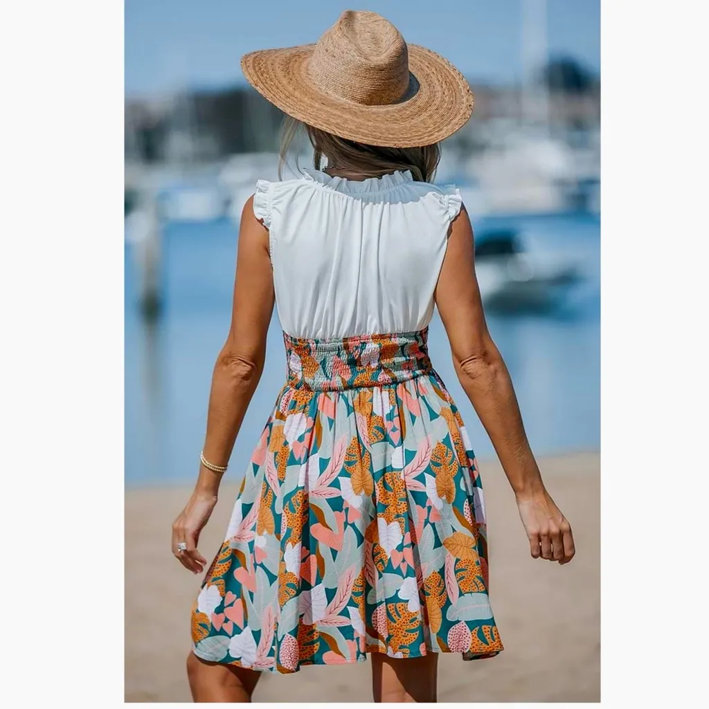 CUPSHE White Ruffled Tank Tropical Skirt Mini Dress Beach Swim Cover Up Sz XL - Image 3