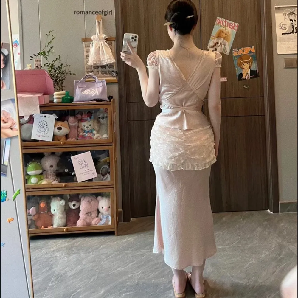 Vintage Style Cottage Ballet Pastel Pink Silky Lace Ruffle Midi Fishtail Skirt Size XS - Image 8