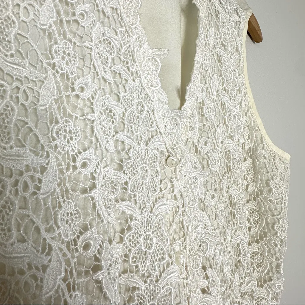 Vintage 90s Ivory Lace Vest Sz L (14) Button Sheer Tie Back Grandma Cottage Soft - Image 3