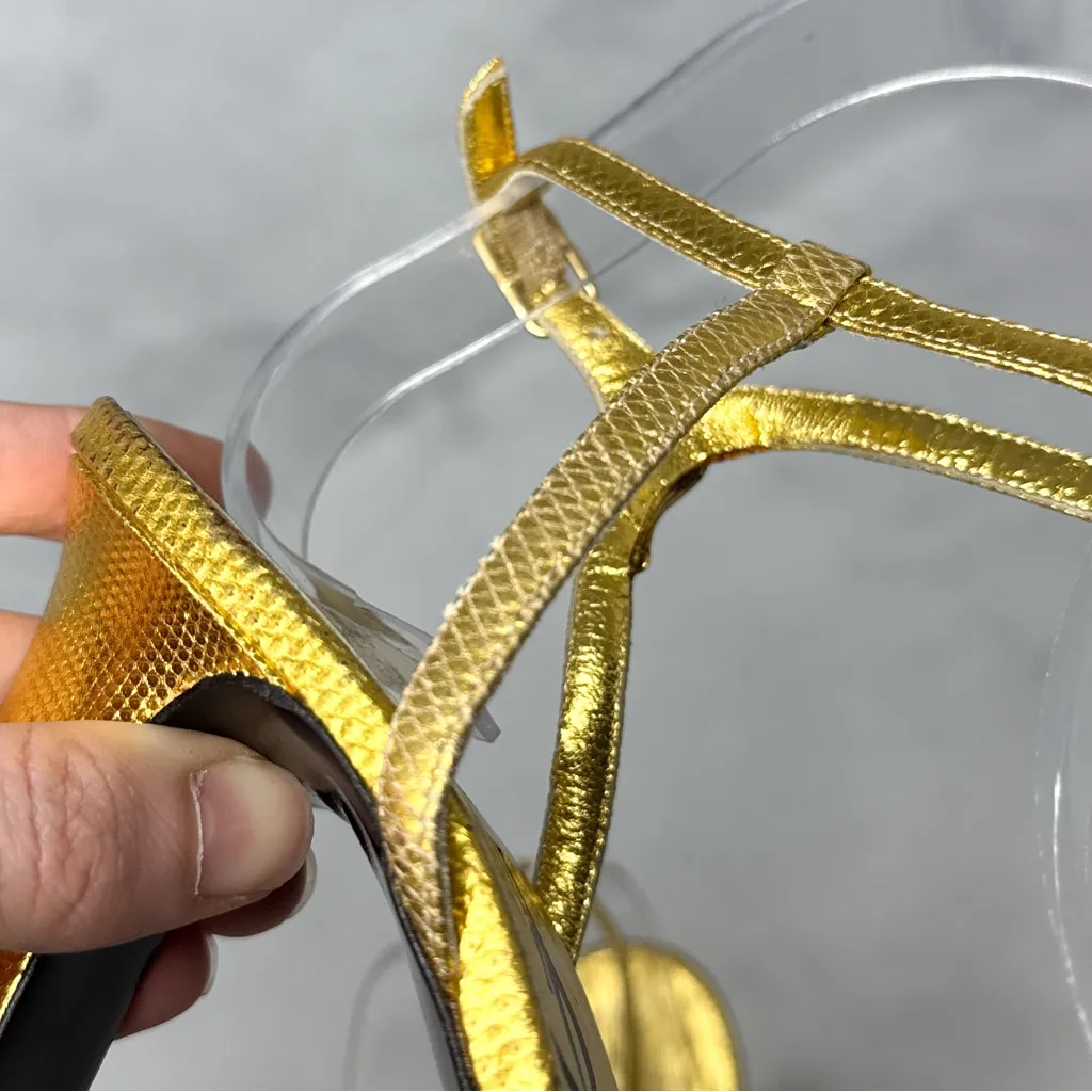 NEW Yves Saint Laurent YSL Vintage 1997 Snake Motif Metallic Sandal Heel Gold 37 - Image 9