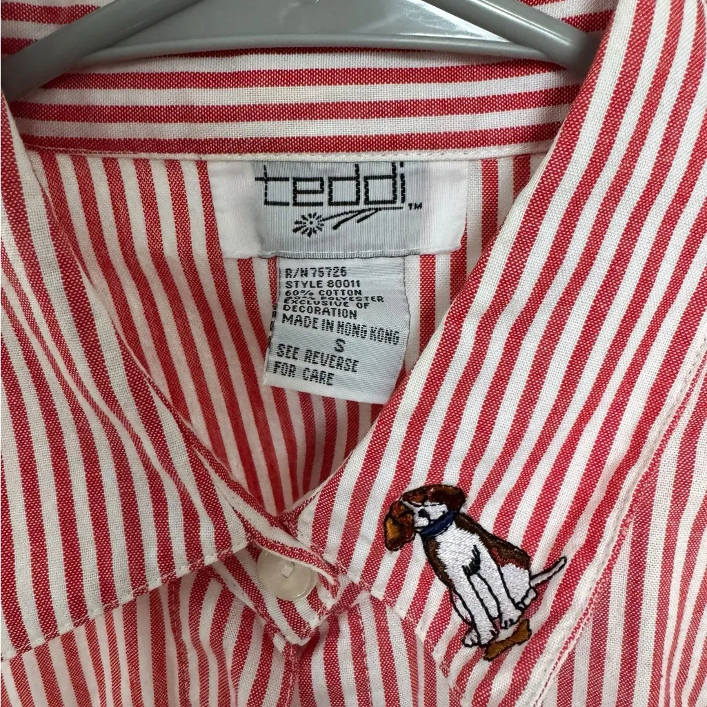 Red and White Stripped Longsleeve Button Down With Embroidered‎ Dogs Golden - Image 4