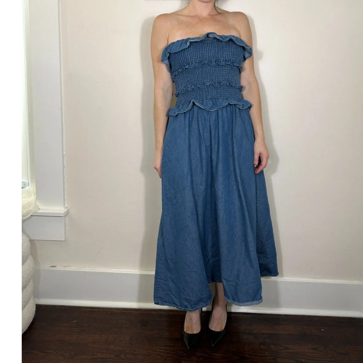 Klesis Strapless Blue Denim Tiered Midi Dress Size Small - Image 3