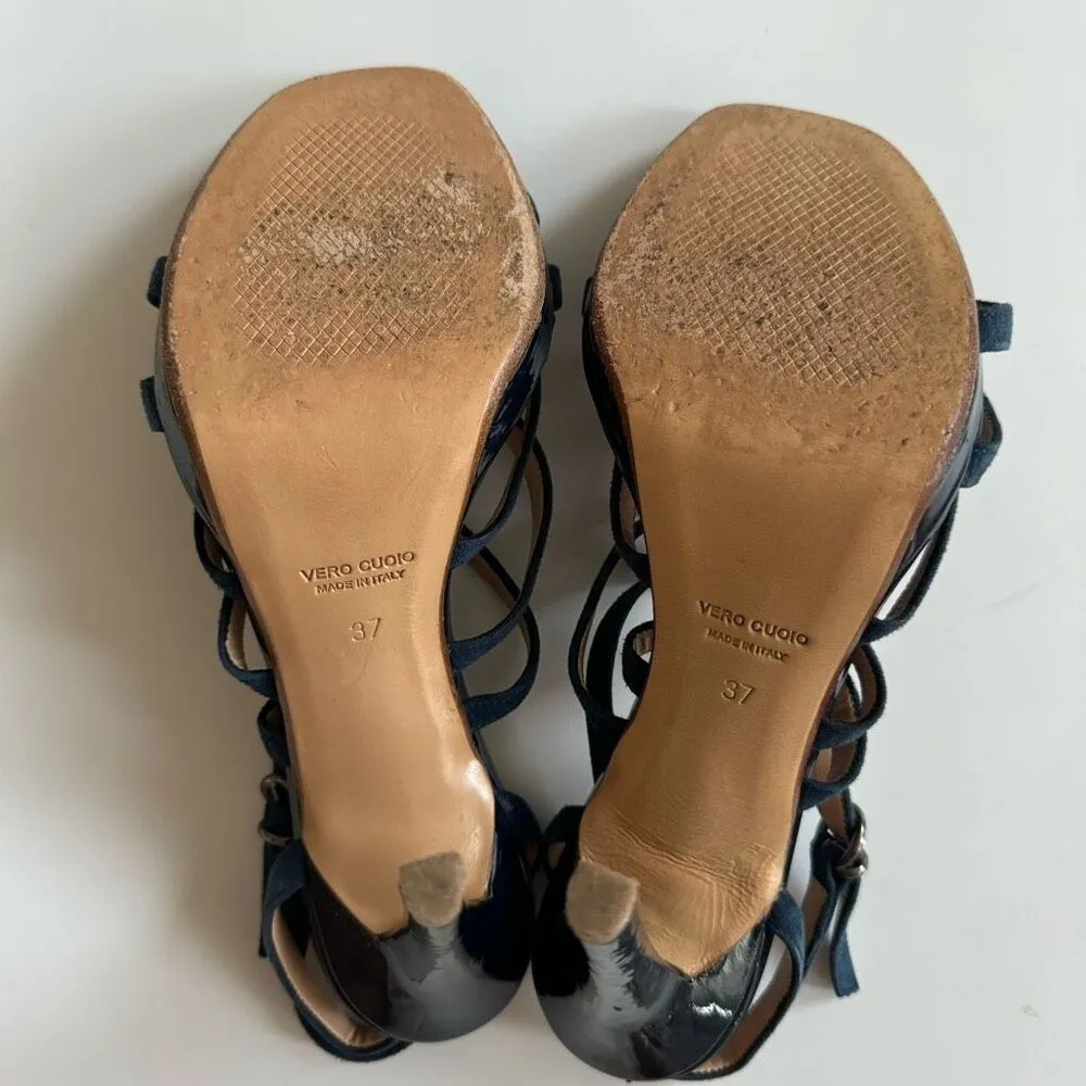 Bacta Dei Toi Made In Italy Mixed Leather 4.5” Heel Navy Sandals Size 37 6.5 Blue - Image 7