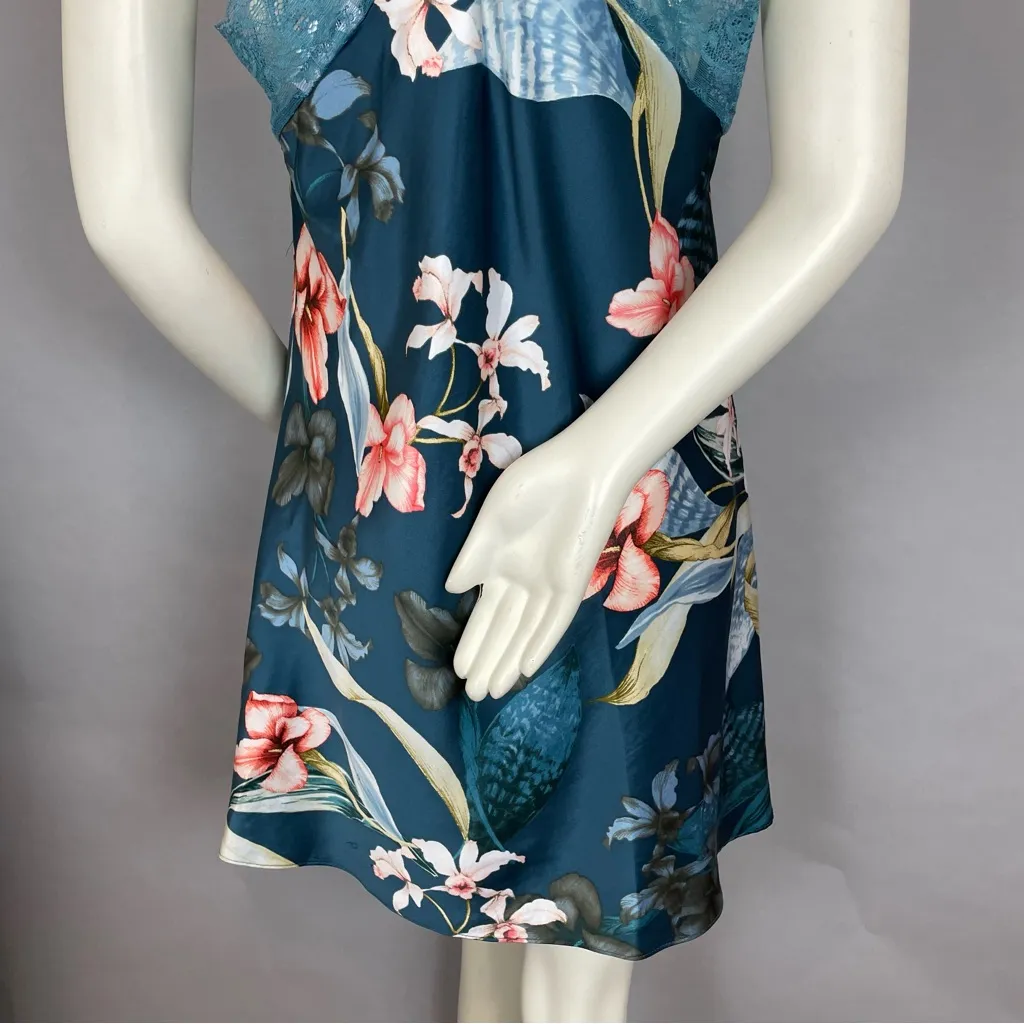 Linea Donatella Chemise Nightgown Intimates Teal Satin V-Neck Lace‎ Floral Large - Image 7