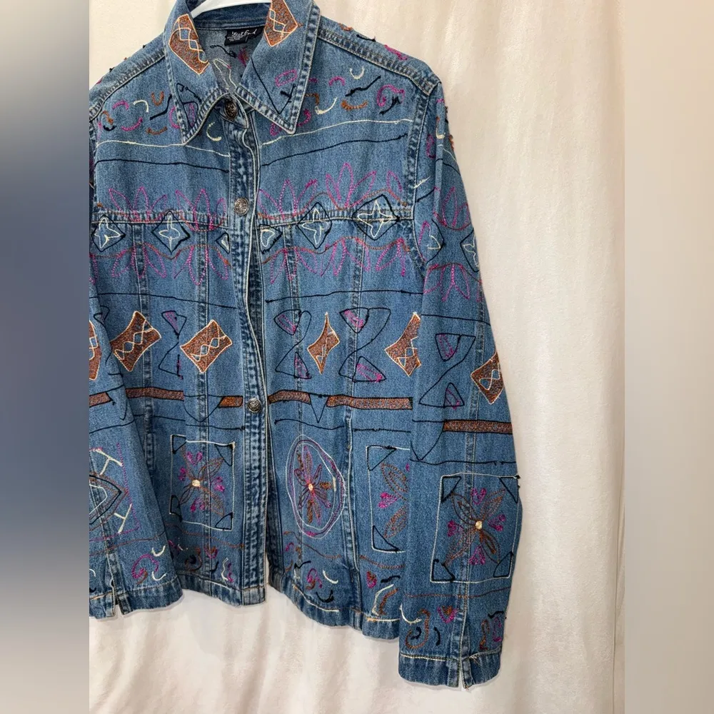 Vintage West End All Over Embroider Denim Shirt/Jacket With Pockets-Large - Image 4
