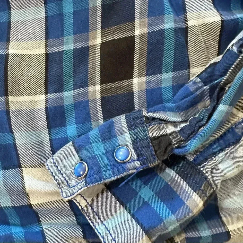 INC women's medium button down blue plaid long sleeve shirt - Image 4