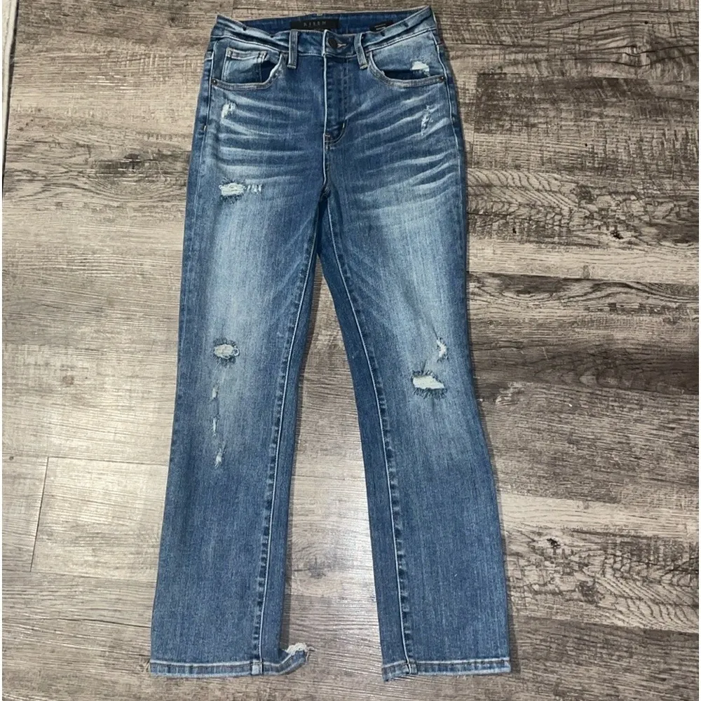 RISEN Jeans Women 25 size 1 Straight High Waisted Distressed Denim Ankle Cropped Blue - Image 7