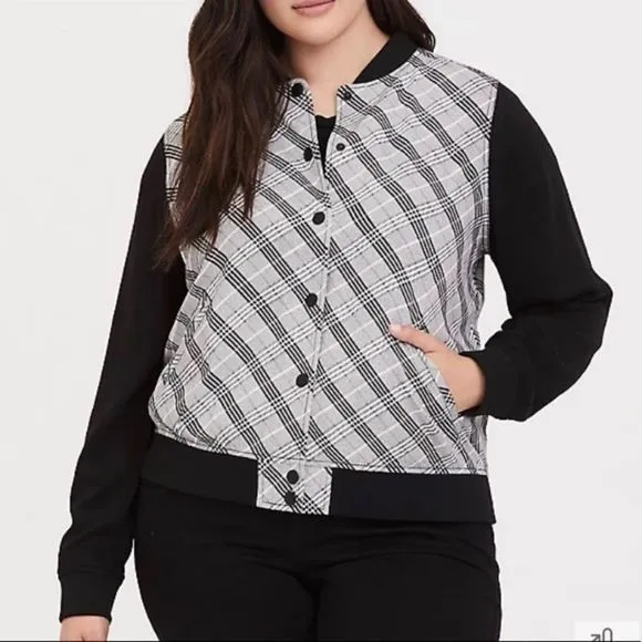 Torrid Black White & Pink Plaid Twill‎ Bomber Jacket - Image 2