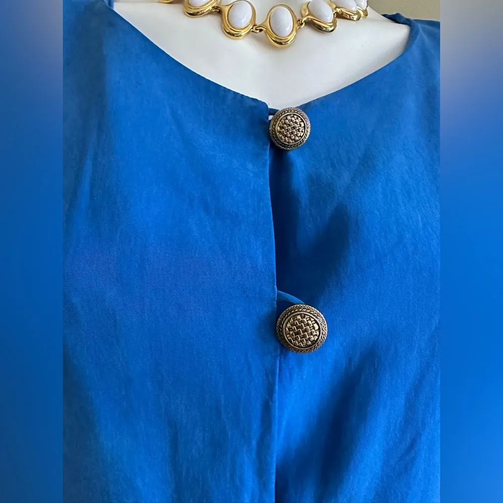 Nancy Crystal Blue Short Sleeves Gold Buttons Vintage Dress  Sz 6 Should… - Image 2