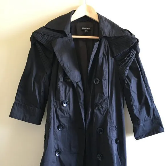 NEW Bebe Pleated Sleeve DB Trench Coat Black Double‎ Button Down Womens Size M - Image 2