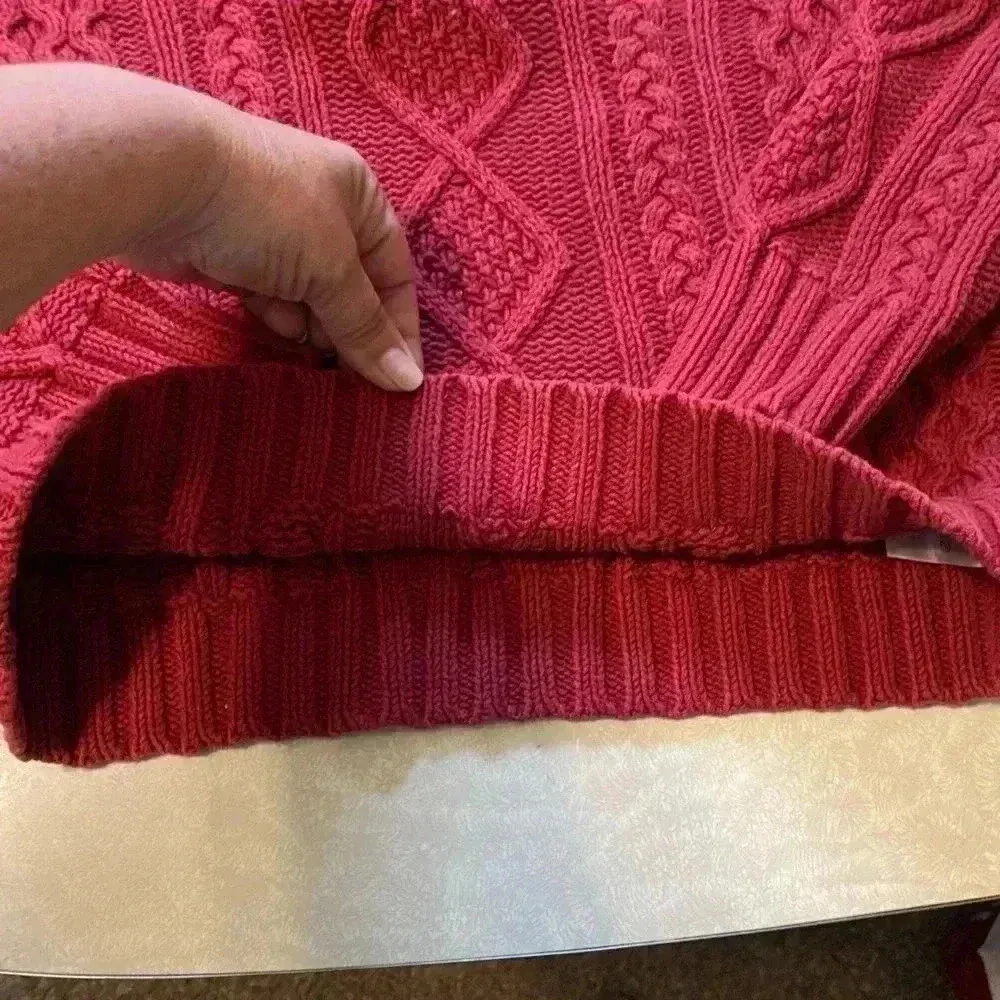 Vintage Eddie Bauer Womens Sweater Cable Knit Red Fisherman‎ Cowl V Neck Sz PS - Image 6