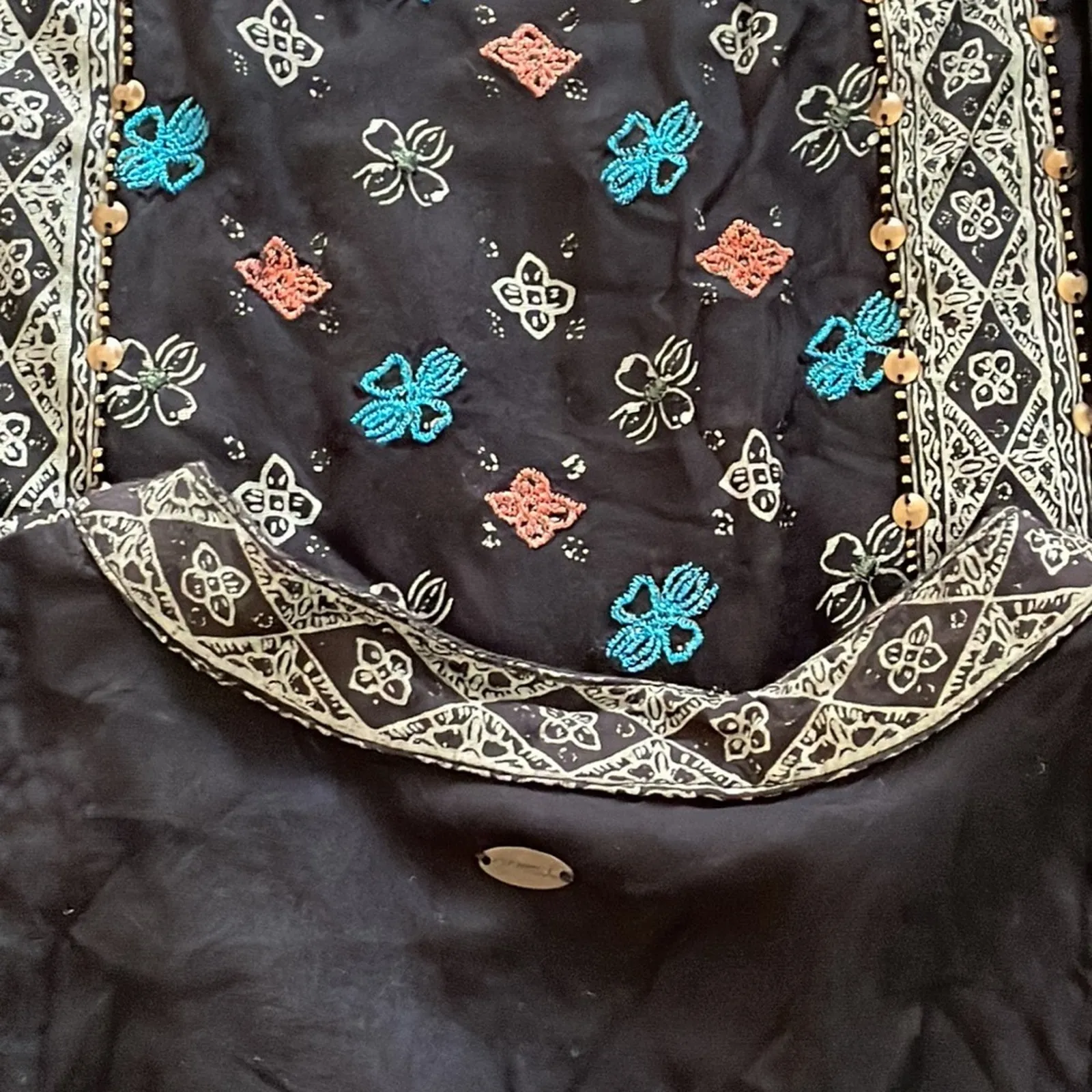 O'Neill Pond Black Dress Embroidered Copper Beaded Boho Festival Beach Vacation - Image 6