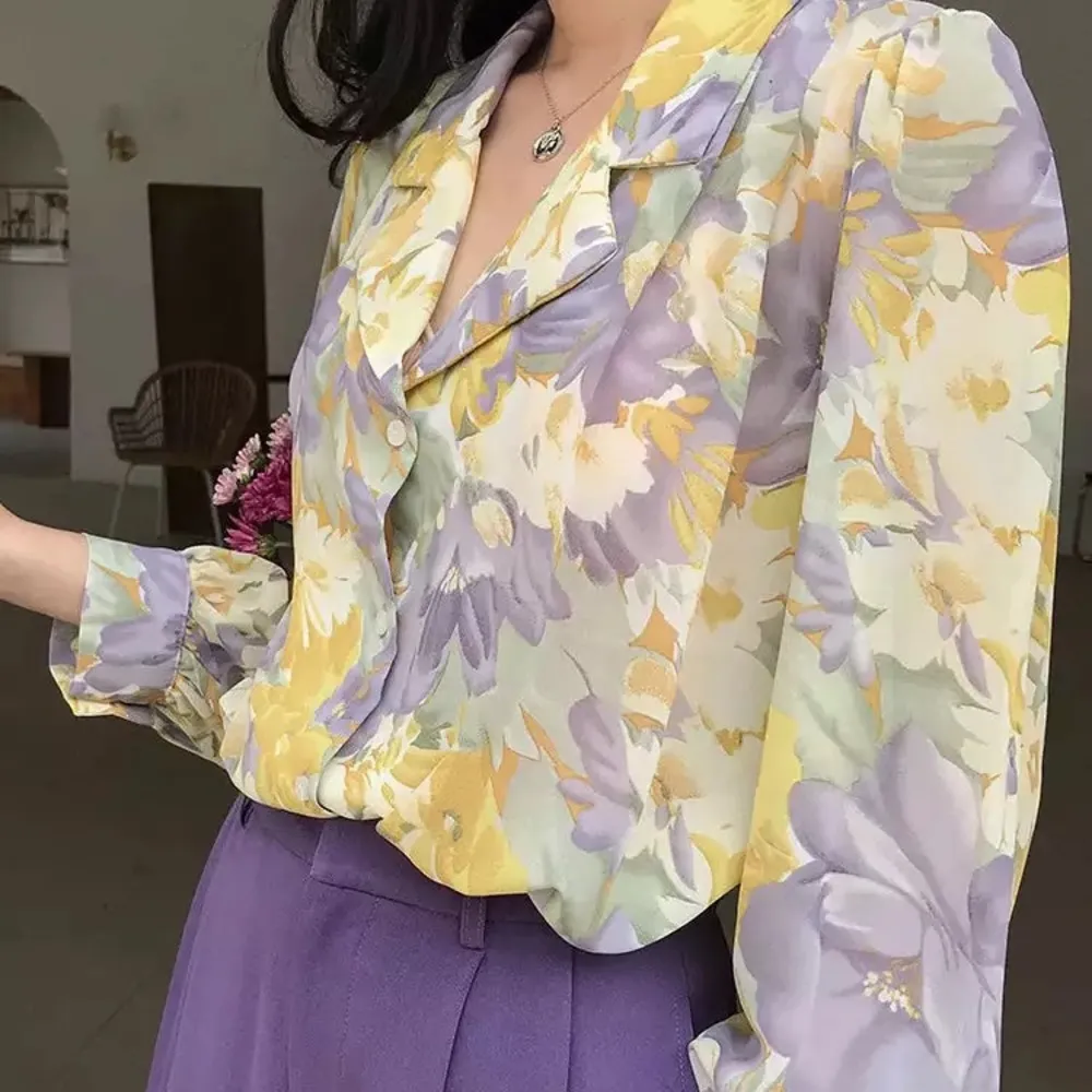 Korean Retro Floral Long Sleeve Blouse - Image 3