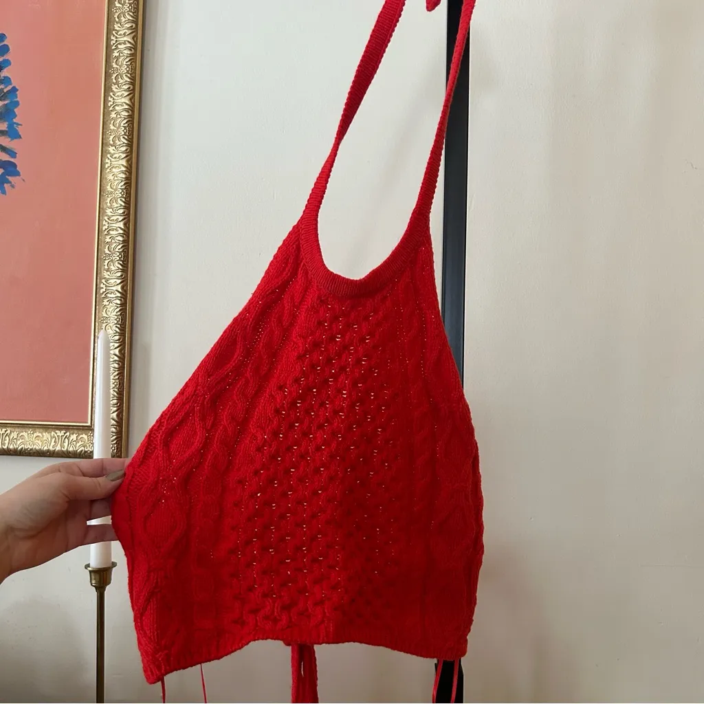 Staud Lori Halter Crop Top Knit Cropped Red Adjustable Tie Back $195 Size XS - Image 3