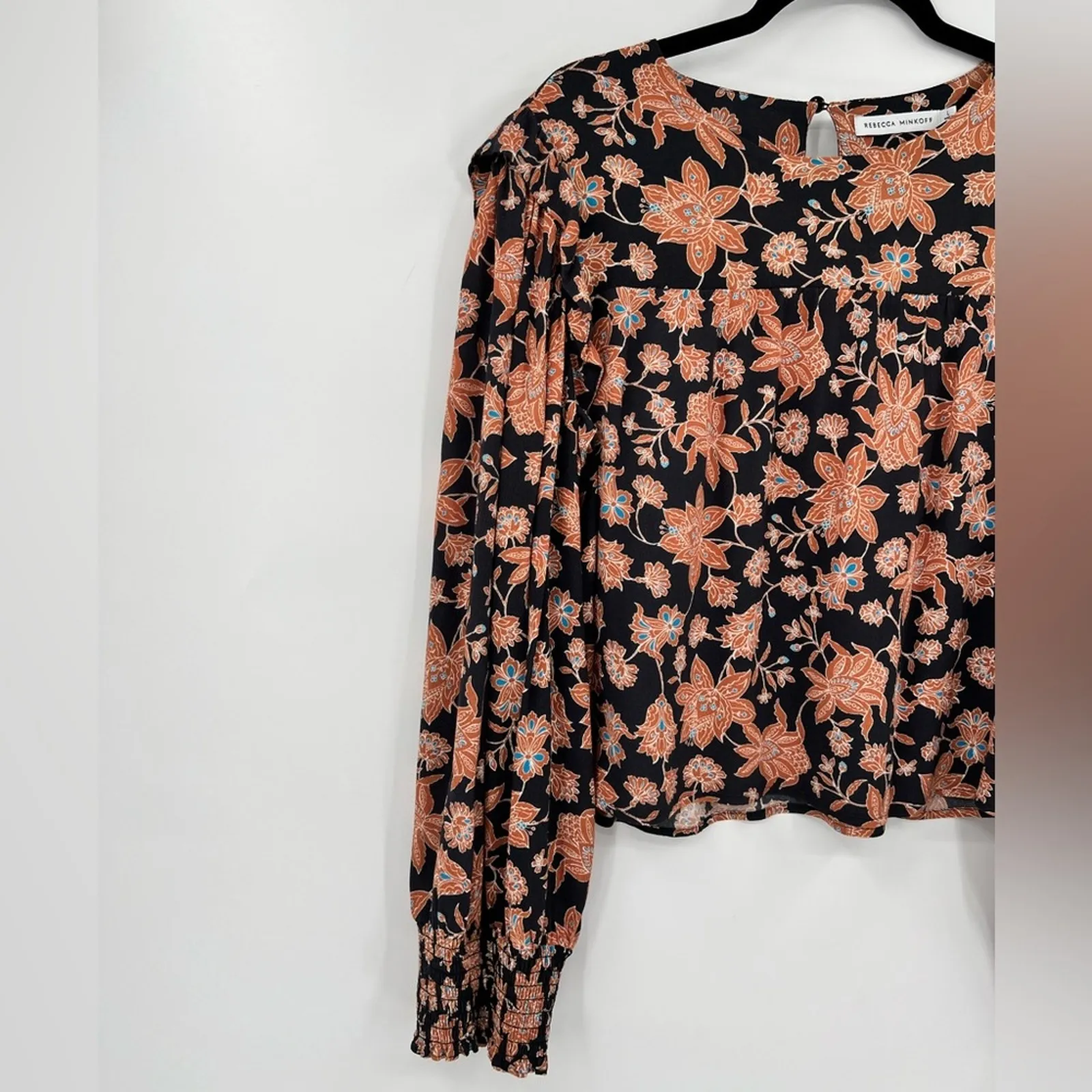 Rebecca Minkoff Floral Blouse Top Ruffle Shoulder Smocked Sleeve Flower Large - Image 7