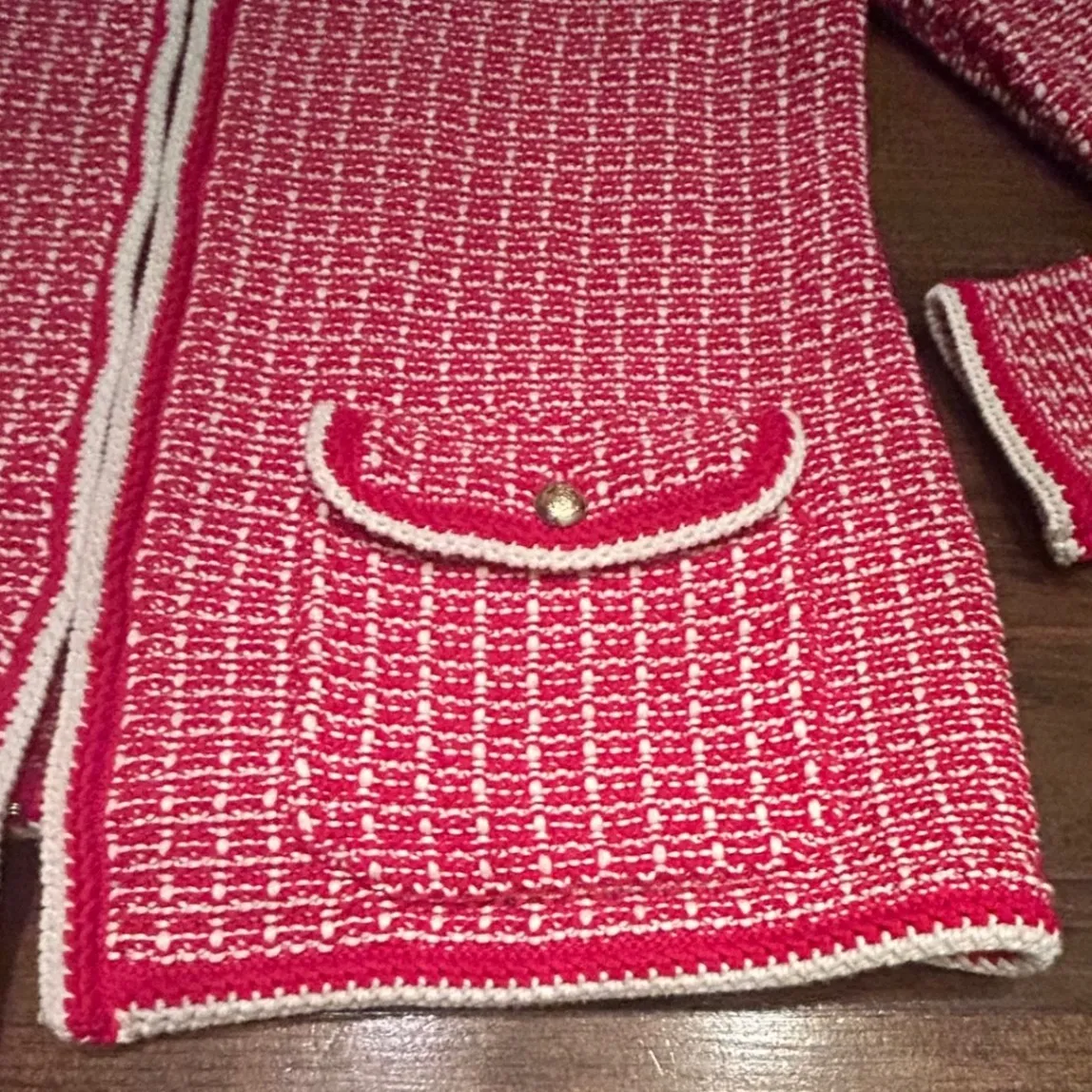 Talbots Tipped Tweed Sweater Jacket Medium Knit Blazer Red‎ White Pockets Medium - Image 3