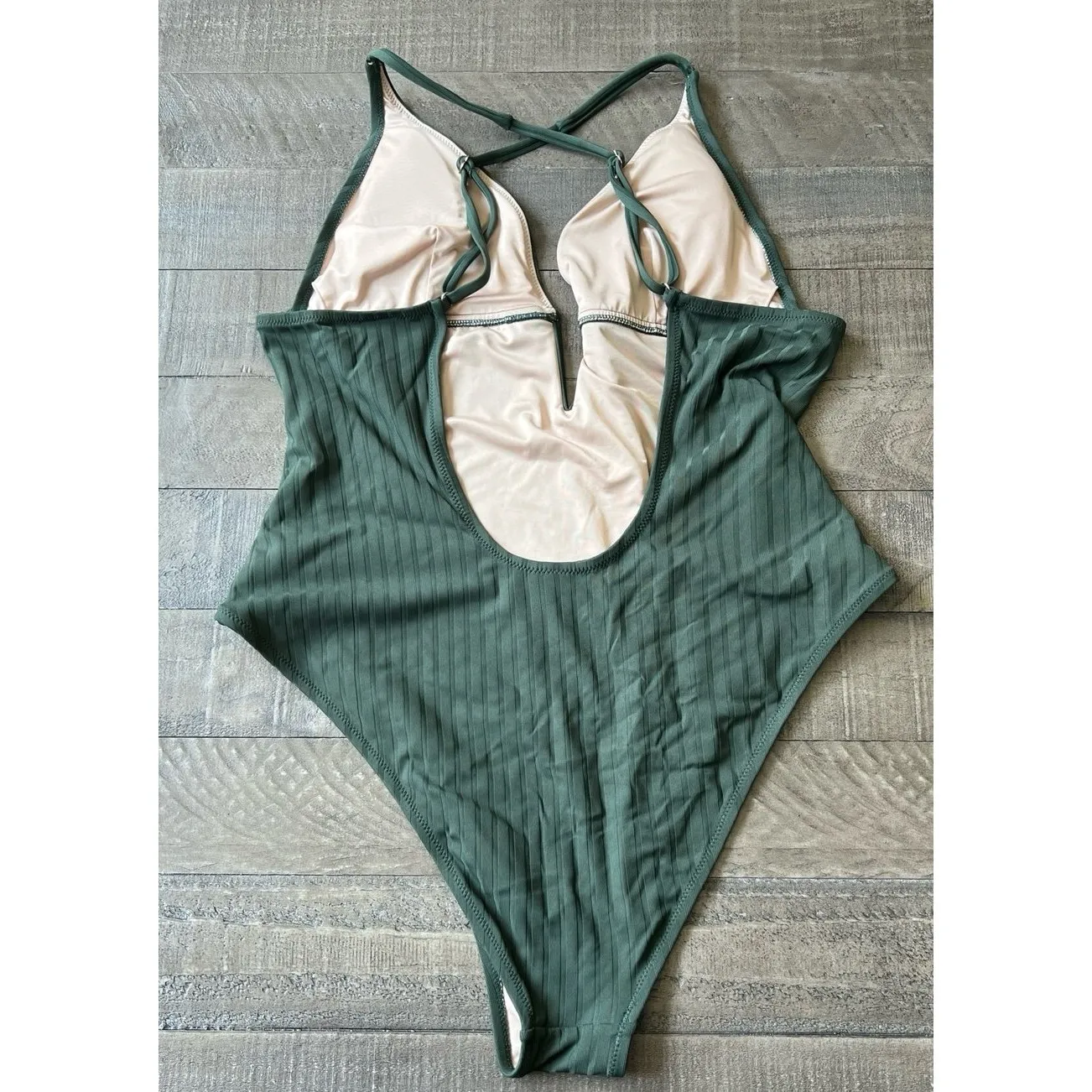 Shade &‎ Shore Swim Women's Green One Piece Swimsuit Ribbed Plunge Size XL - Image 4