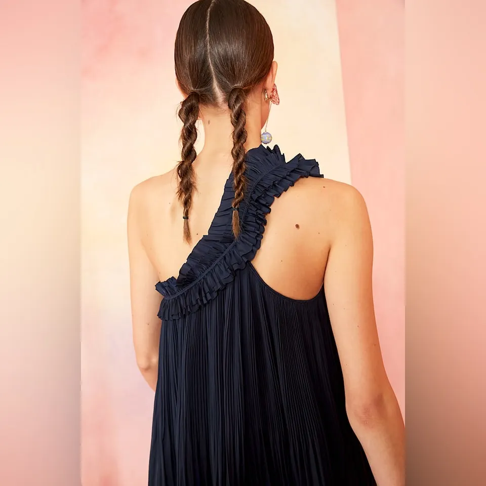 Ulla Johnson One Shoulder Jade Pleated Dress Midnight Navy Blu Size 4 Gown Flowy - Image 4