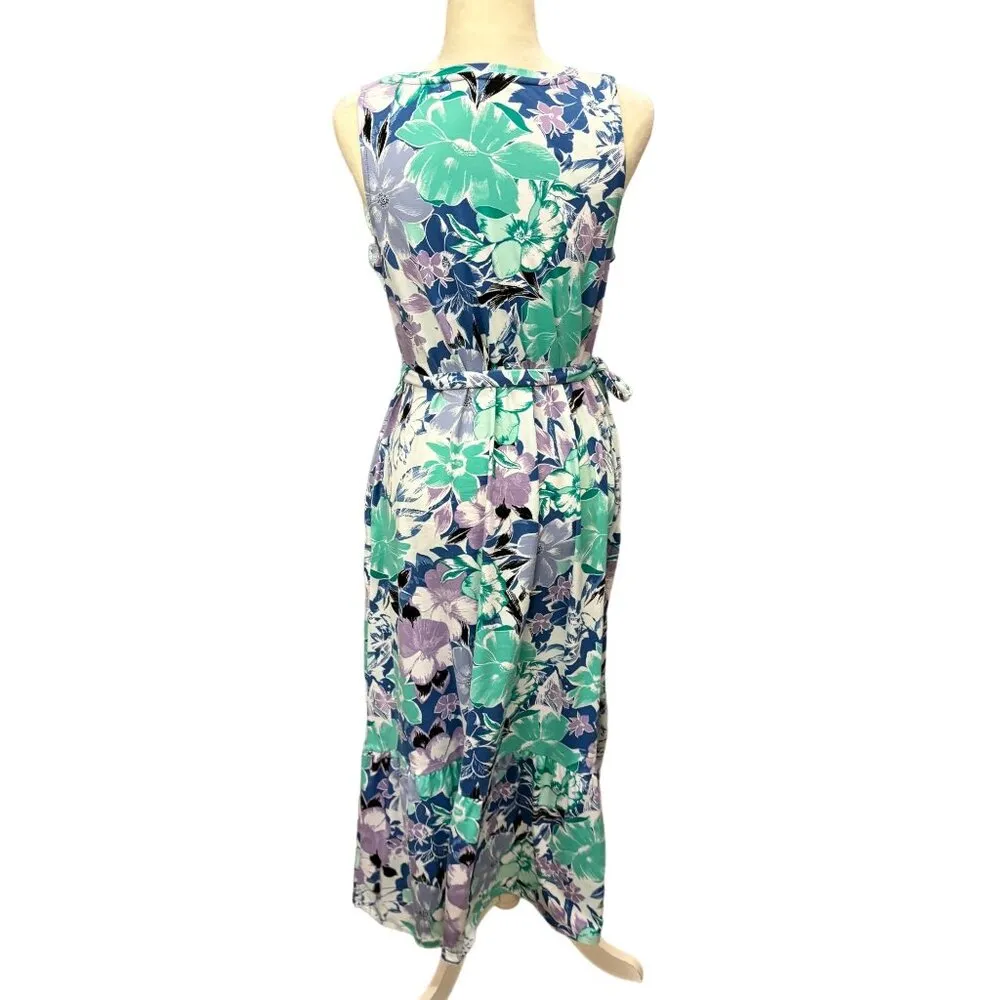 Cuddl Duds Maxi Dress Flexwear Scoop-Neck Belt Blue Spring Floral Medium - Image 4