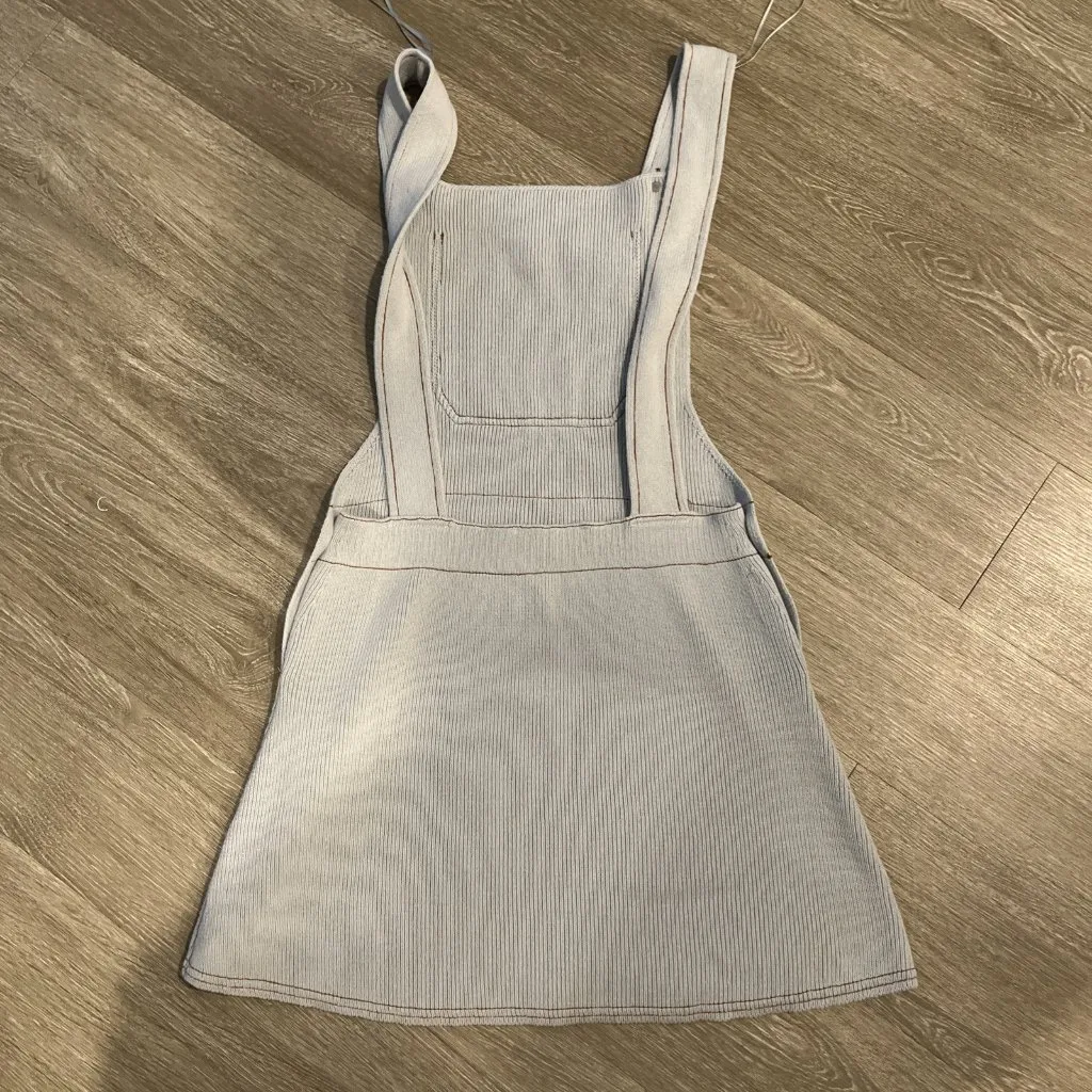 Zara Womens Small Ribbed Overalls Skirt Dress Blue Pockets Academia Y2K - Image 4
