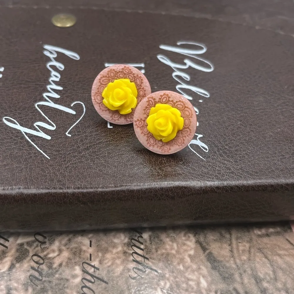 Handmade Yellow Rose Pink Button Earring Studs Unique - Image 9
