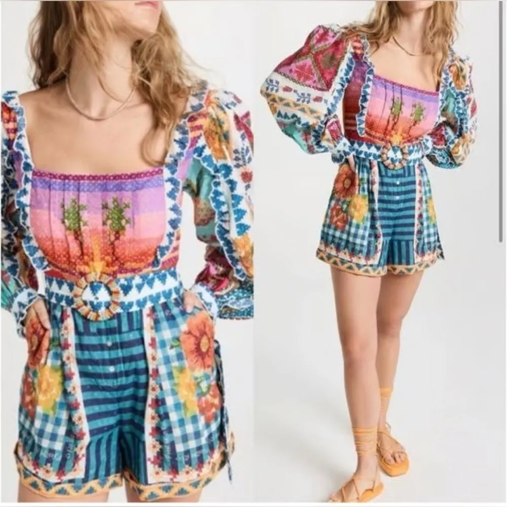 FARM Rio Summer Vibe Patchwork Floral Romper XS Multicolor Boho Festival Vaca - Image 4