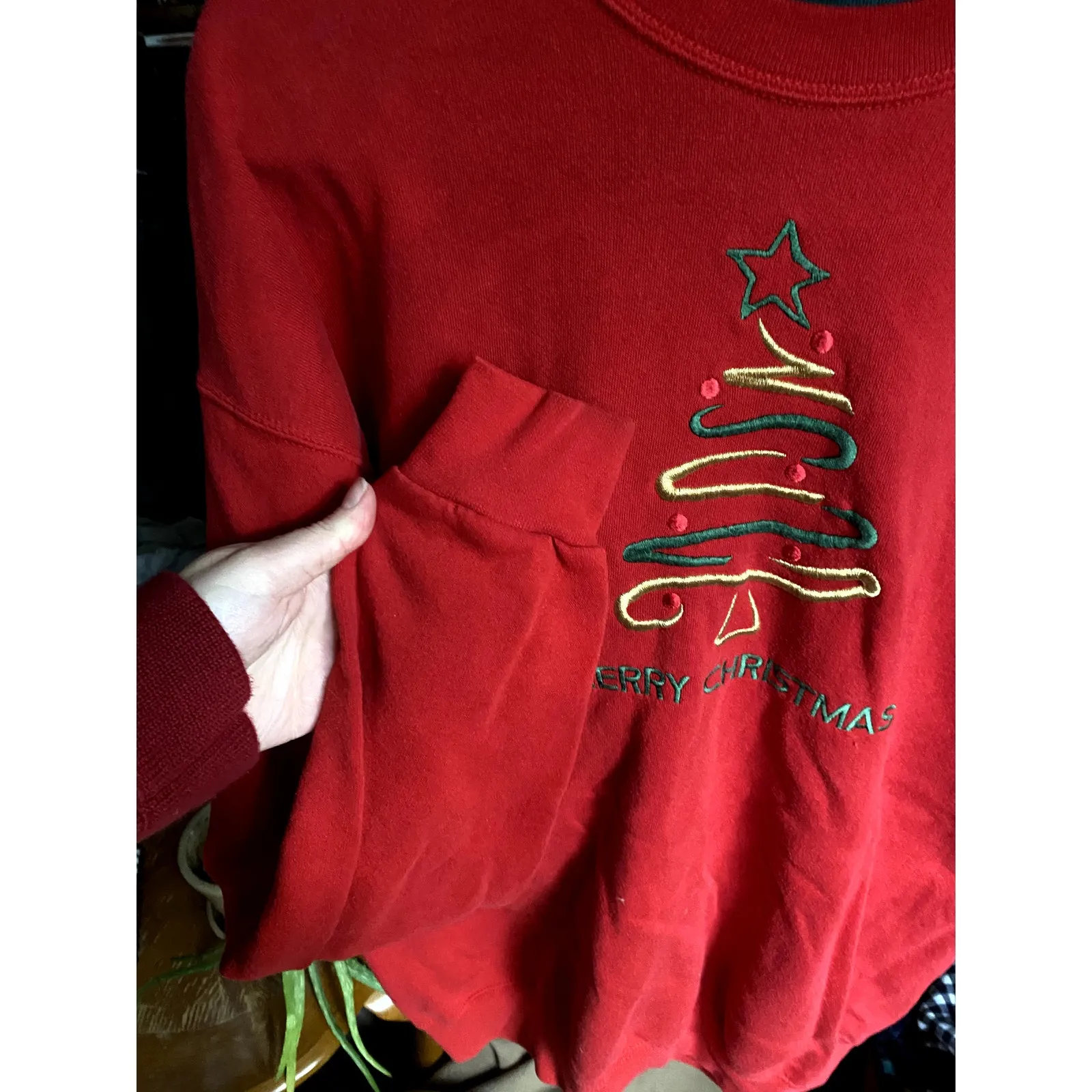 1990's‎ Vintage Embroidered Red Merry Christmas Tree Crewneck Sweater XL Cozy - Image 3