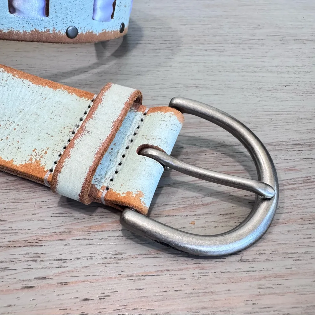 Linea Pelle Pale Green‎ Leather And Ribbon Distressed Boho Belt Size S City Chic Green - Image 3