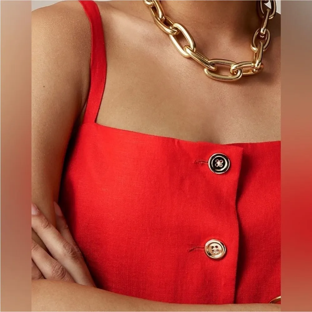 NWT JCrew CLAUDIA Linen Red Button-Down Sleeveless Dress XXS Stubborn Green Tape - Image 4