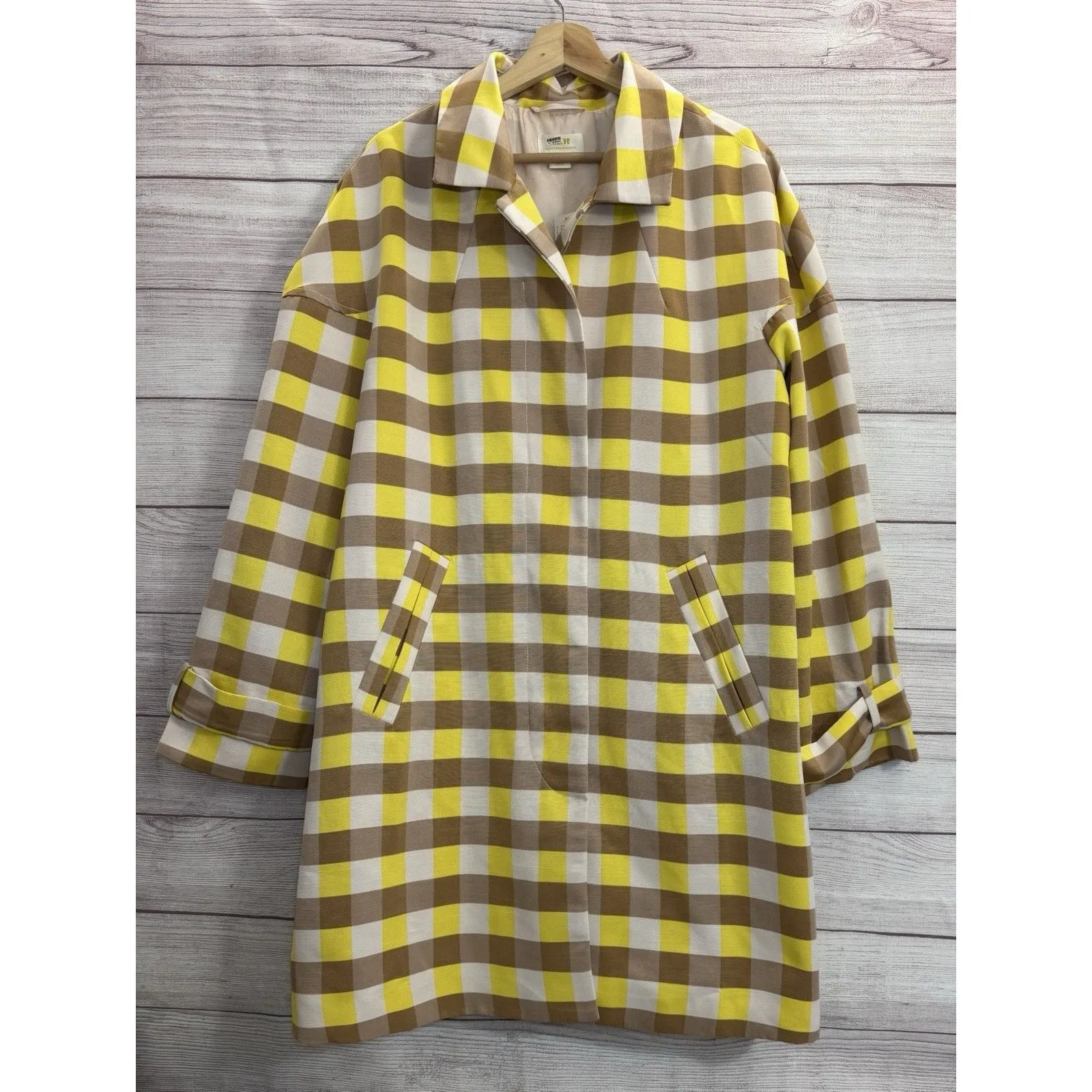 Maeve Anthropologie Womens Yellow Beige Gingham Hidden Button Swing Jacket L NEW - Image 5