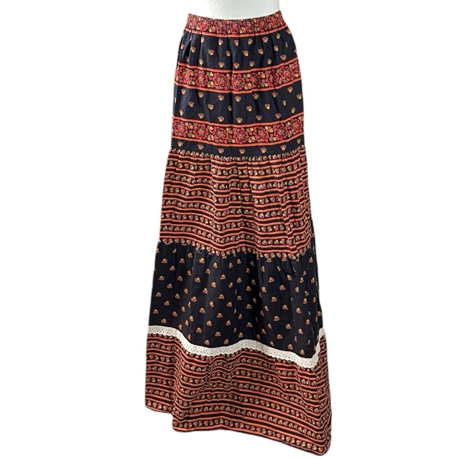 Vintage 70s Western Bohemian Prairie Maxi Skirt Size 11 Floral Lace Hippie Fall Blue - Image 5