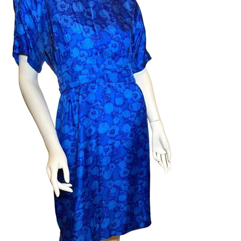 Vintage 1960s Floral Bateau Cocktail Dress Sapphire Blue Medium - Image 7