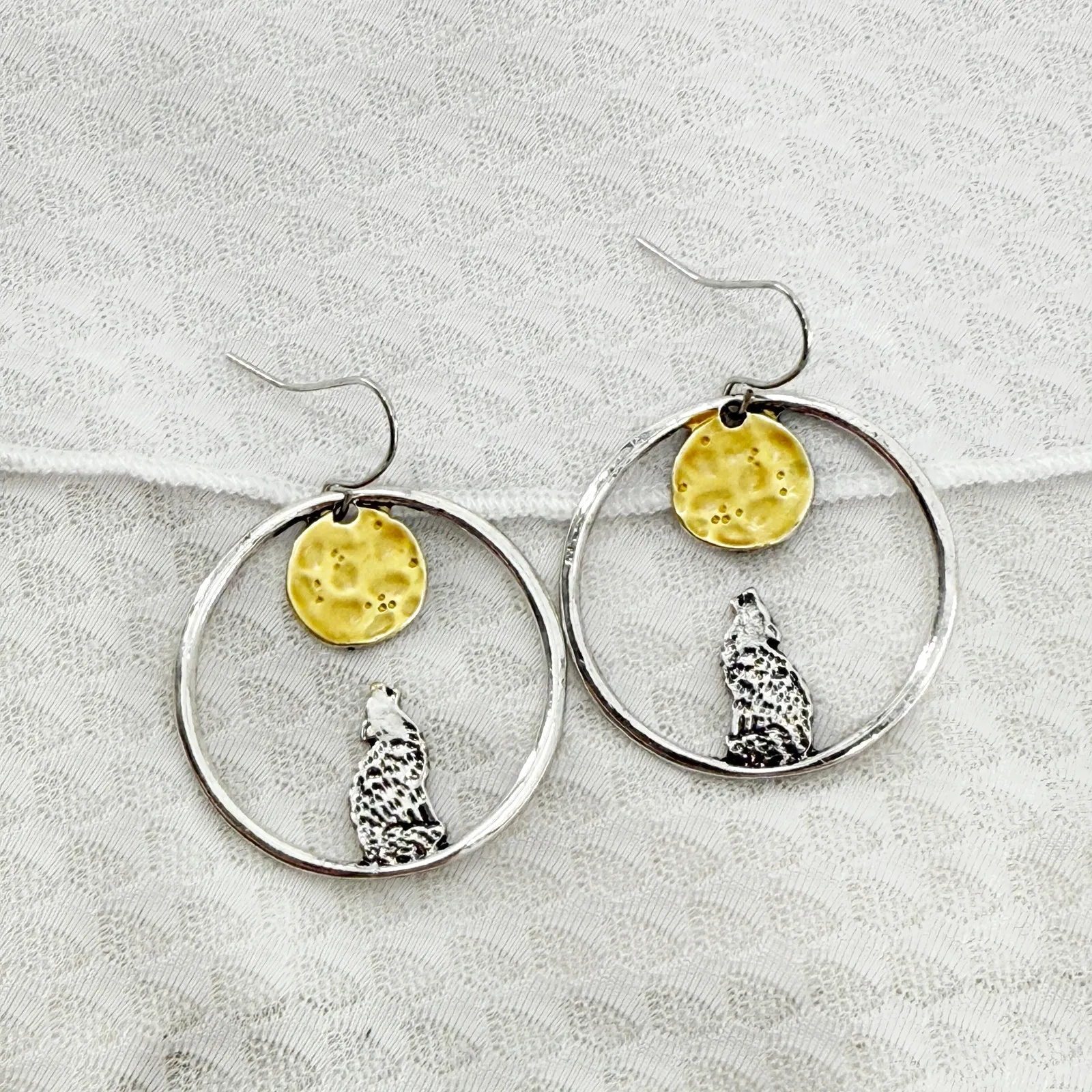 Mixed Metal Wolf Howling at Moon Dangle Earrings Silver - Image 2