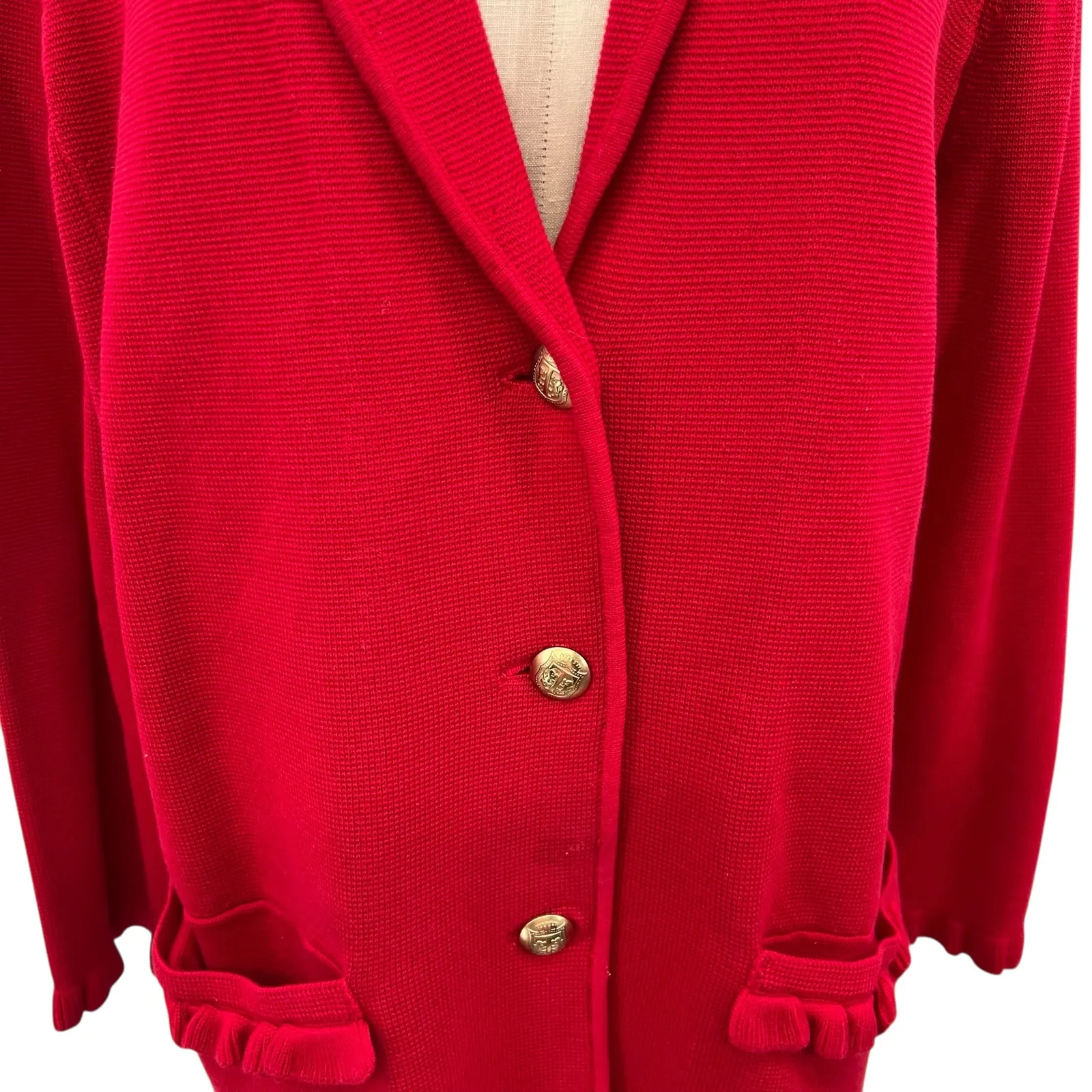 Talbots Knit Sweater Blazer Jacket Gold Buttons Ruffle Red Plus Size 1X - Image 4