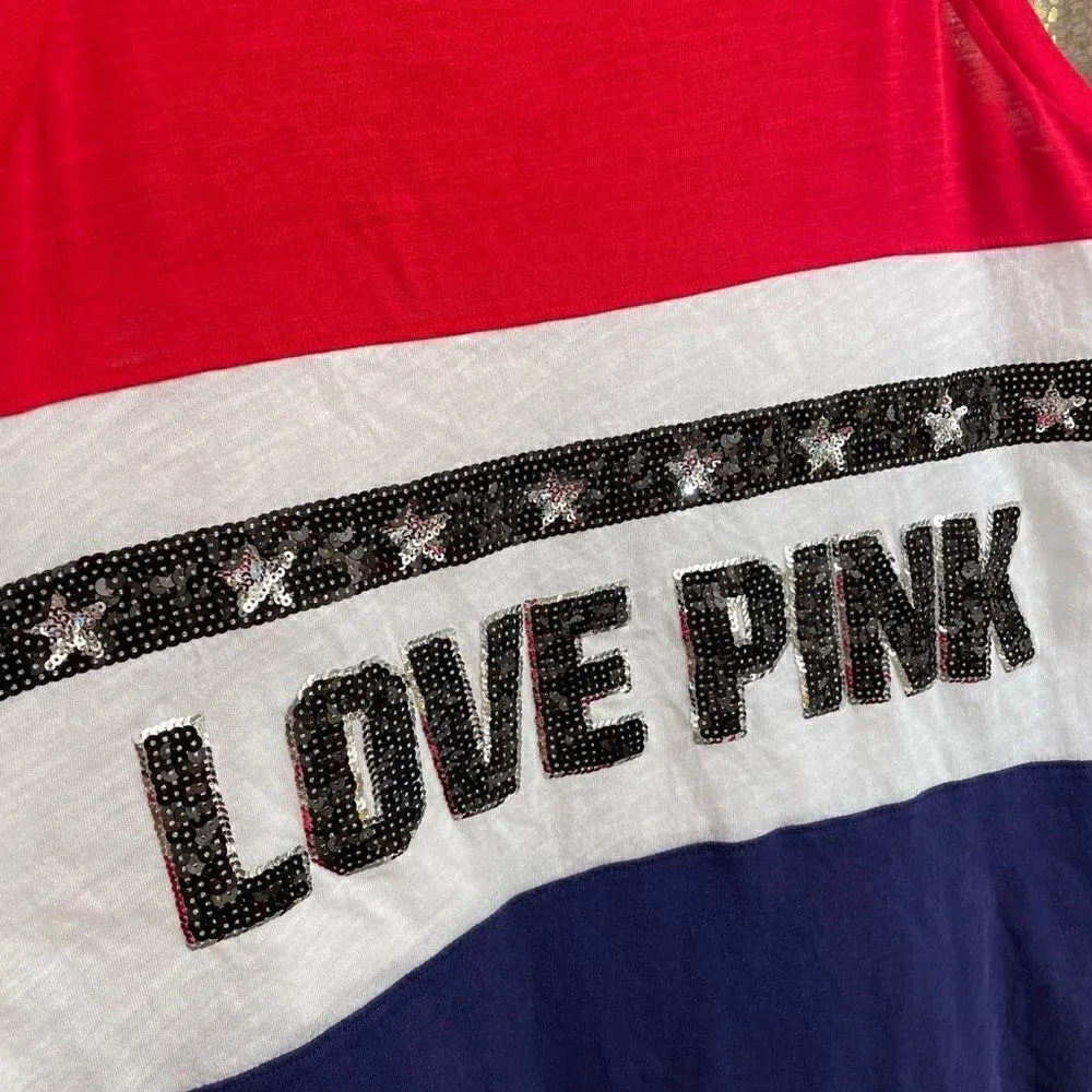 PINK Victoria’s Secret Red White Blue Silver Sequin Bling Tanktop, S - Image 4