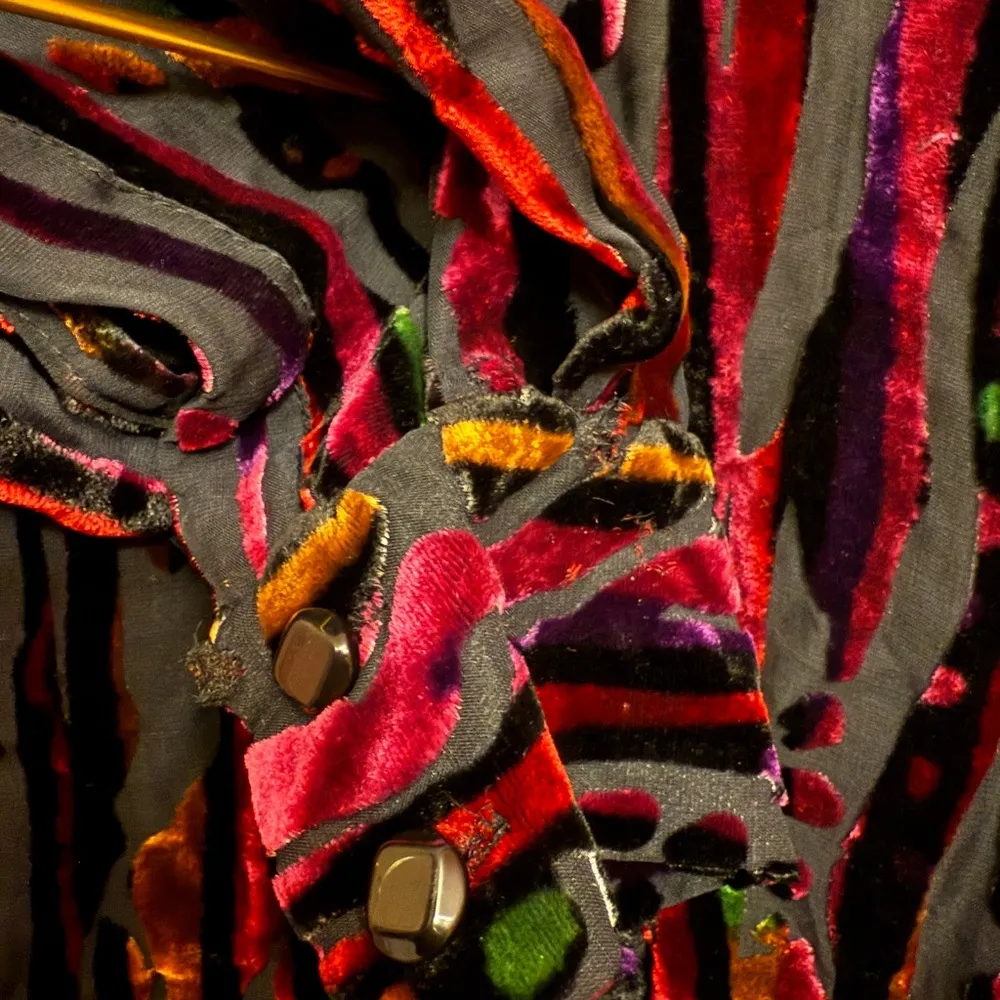 Bob Mackie  Multicolor Reds Velour Vintage Button Down LS Sheer Blouse - Image 3