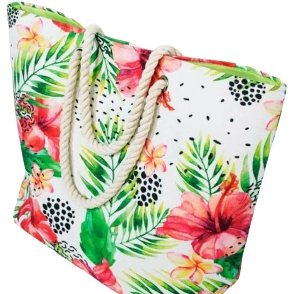 GREEN RED MULTI ABSTRACT & TROPICAL LEAF WITH FLOWER PRINT TOTE BAG - Image 2