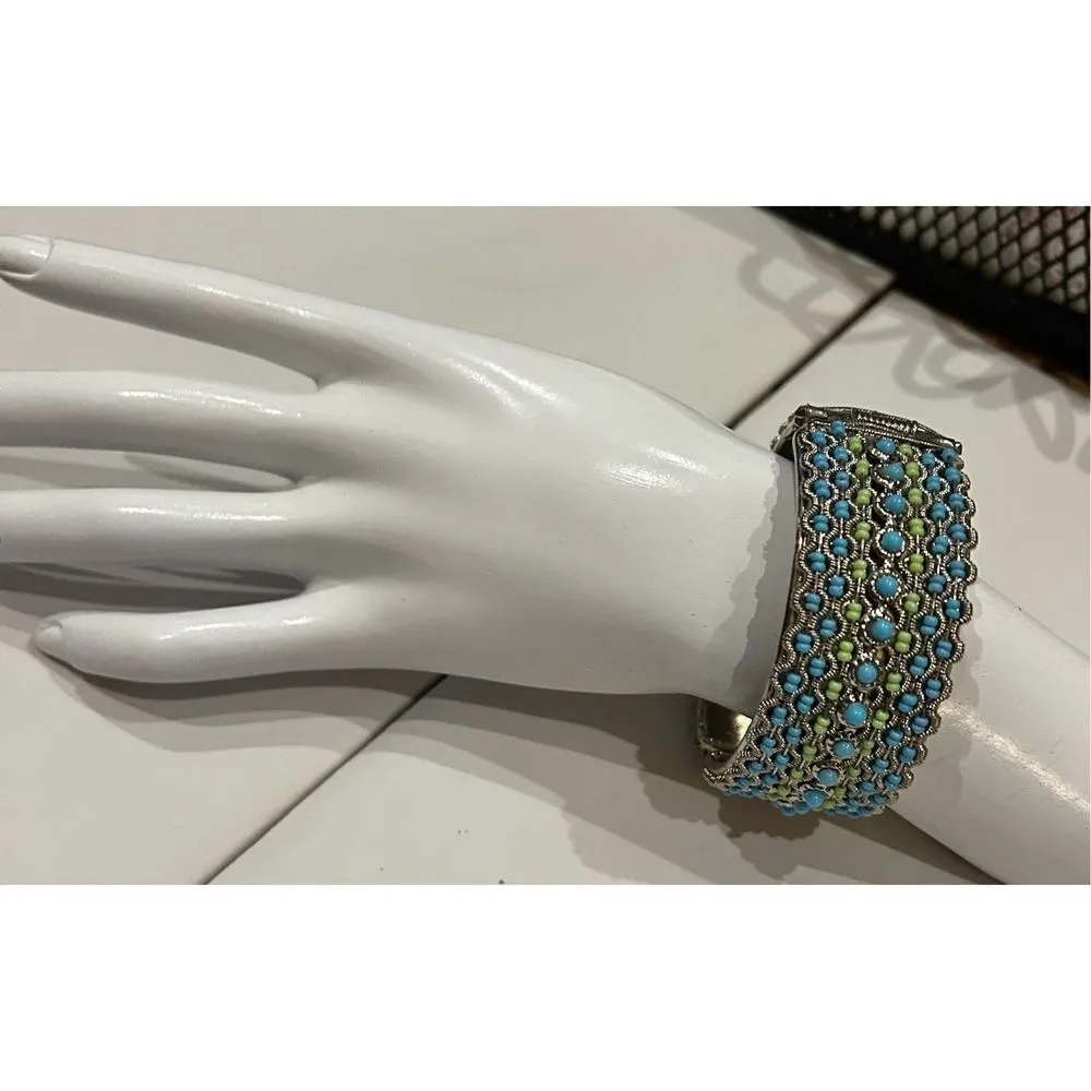 Vintage Boho Faux Turquoise Hinge Cuff Bracelet Silver Tone - Image 13