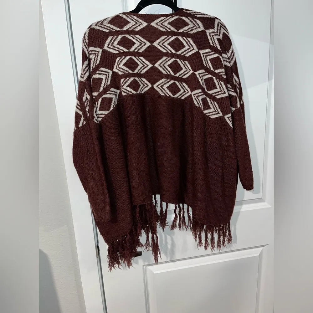 Charlotte Russe Aztec/Boho Maroon Cardigan Sweater w/ Fringe Size: Small-Medium - Image 3