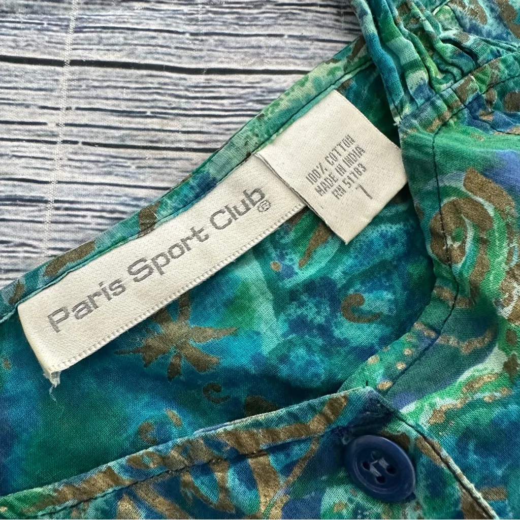 Vintage Paris Sports Club 100% Cotton Midi Blue and Green Floral Women's Dress Size M - Image 5