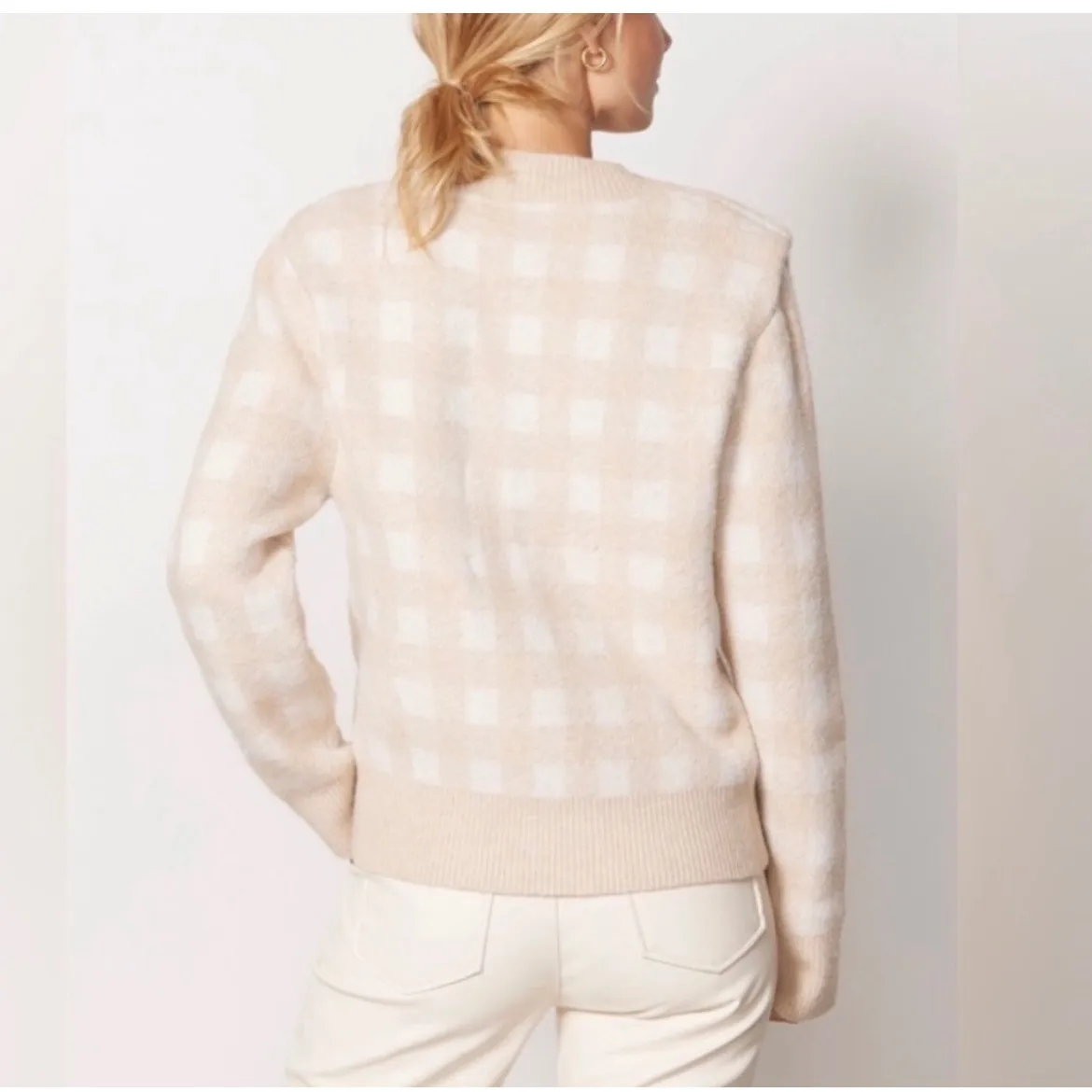 Evereve Checkered Sweater Beige Cream Cozy Knit Long Sleeve XS - Image 3