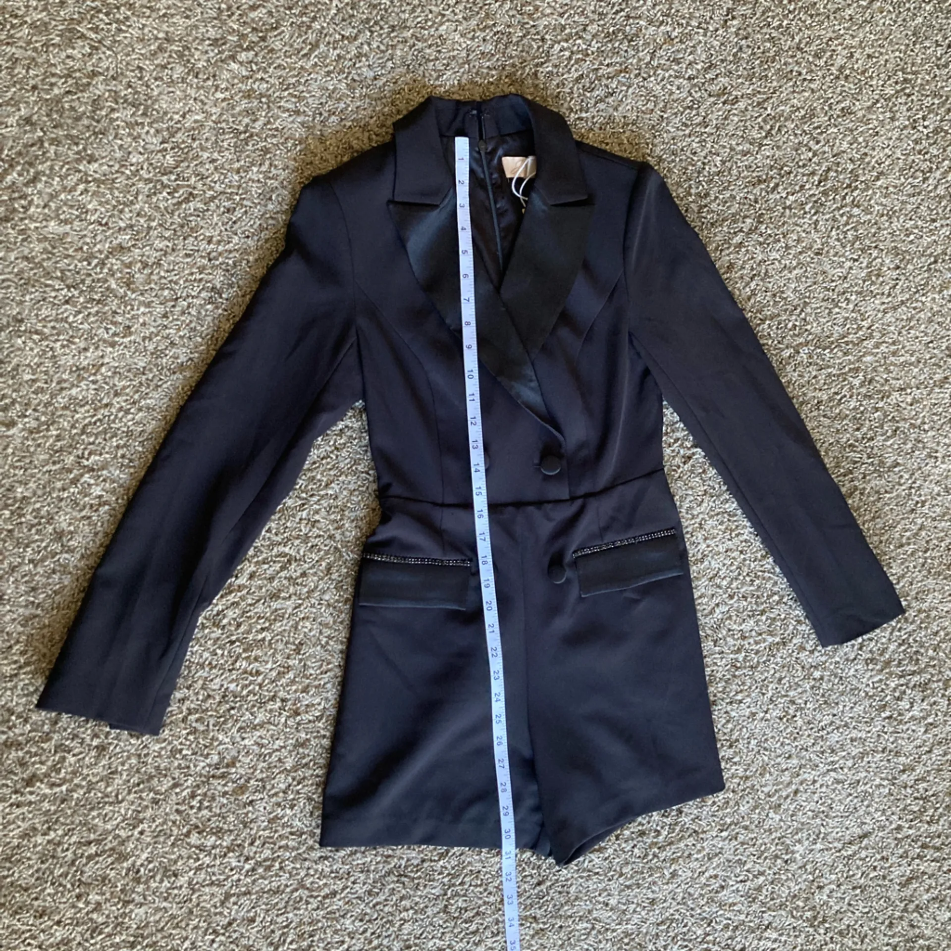 JouJou by Badgley Mischka Black Tuxedo Blazer Romper Size 10 Rhinestone Trim - Image 3