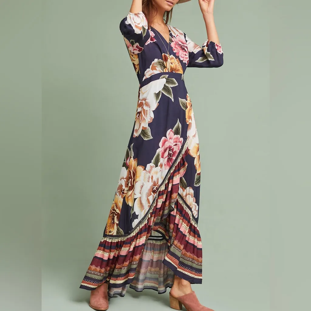 Anthropologie Farm Rio Layla Floral Ruffle Maxi Wrap Dress Size XXS Petite - Image 14
