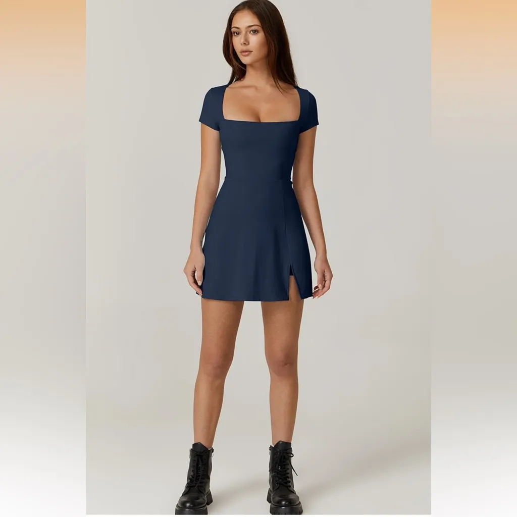 Womens Square Neck Tennis Dress Short Sleeve Built in Shorts nwt navy Small Blue - Image 7