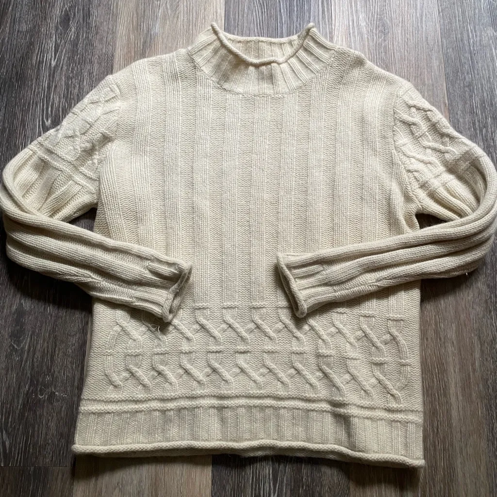 Vintage Wool Chunky Cable Knit Cream Mockneck Sweater Medium Fisherman Cozy Warm - Image 2