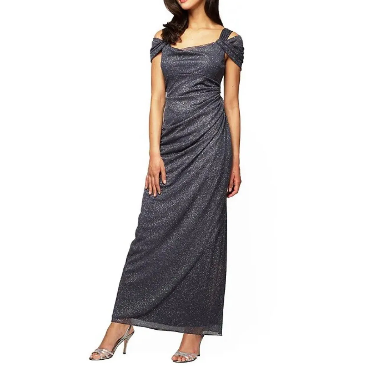Alex Evenings Glitter Mesh Cowl Neck Cold Shoulder Maxi Dress Women 6 Grey - Image 2
